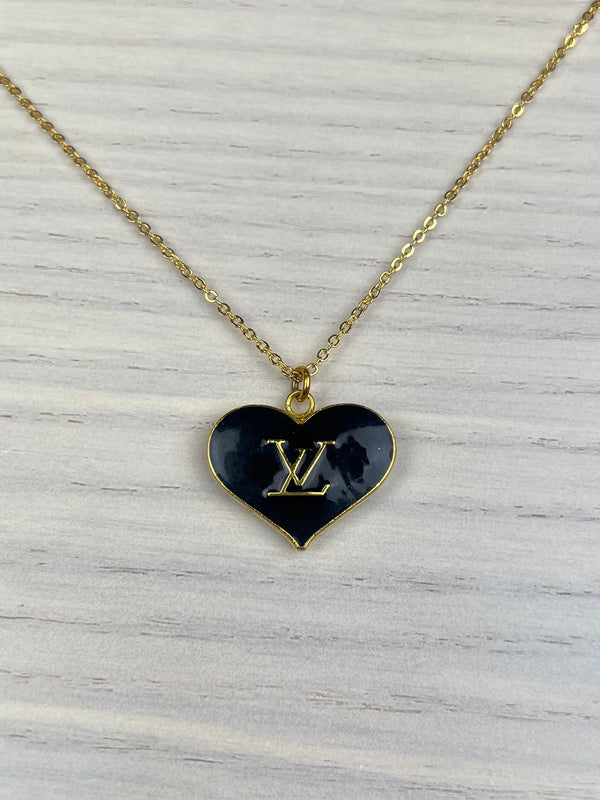 Repurposed LV heart black necklace