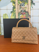 Chanel Quilted Caviar Medium Coco Handle Flap Beige Gold Hardware