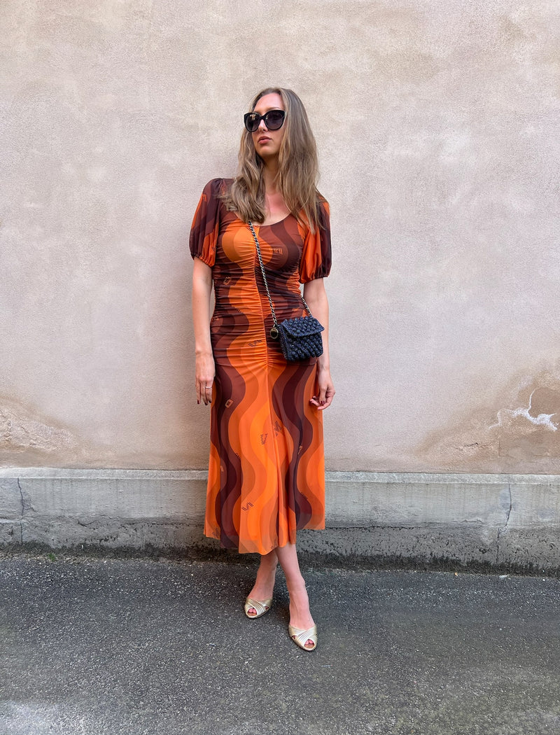 Ganni printed mesh dress orange
