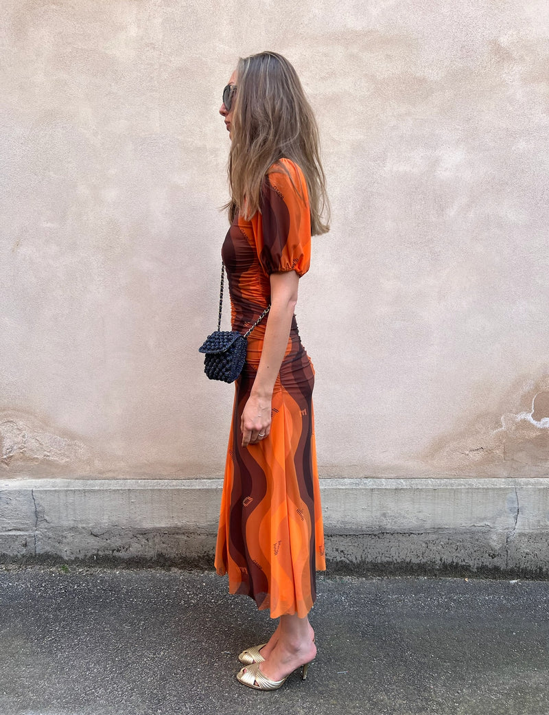 ganni dress orange GANNI Ruched Stretch-Cloqu Midi Dress