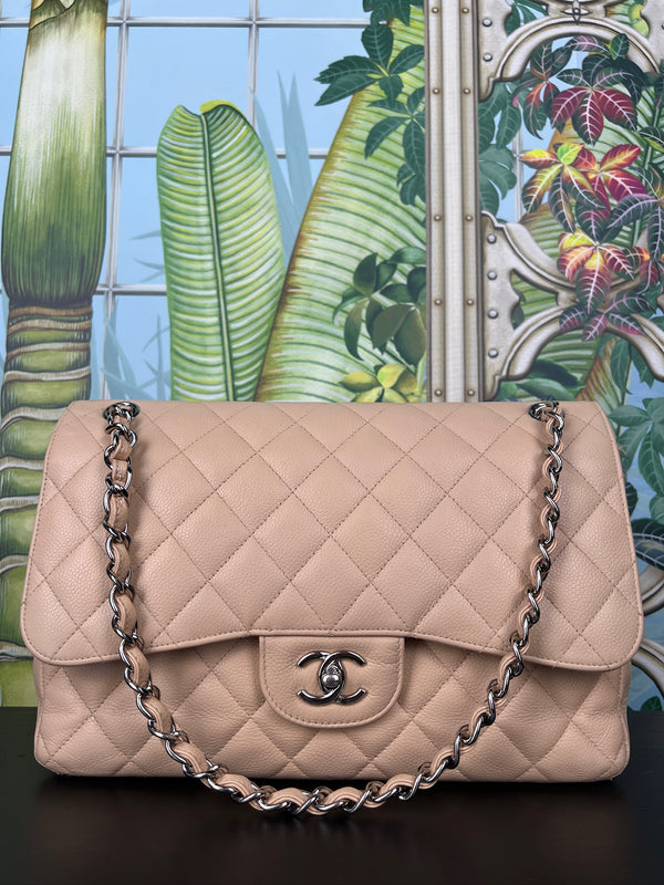 Chanel jumbo flap bag beige caviar, silver hardware