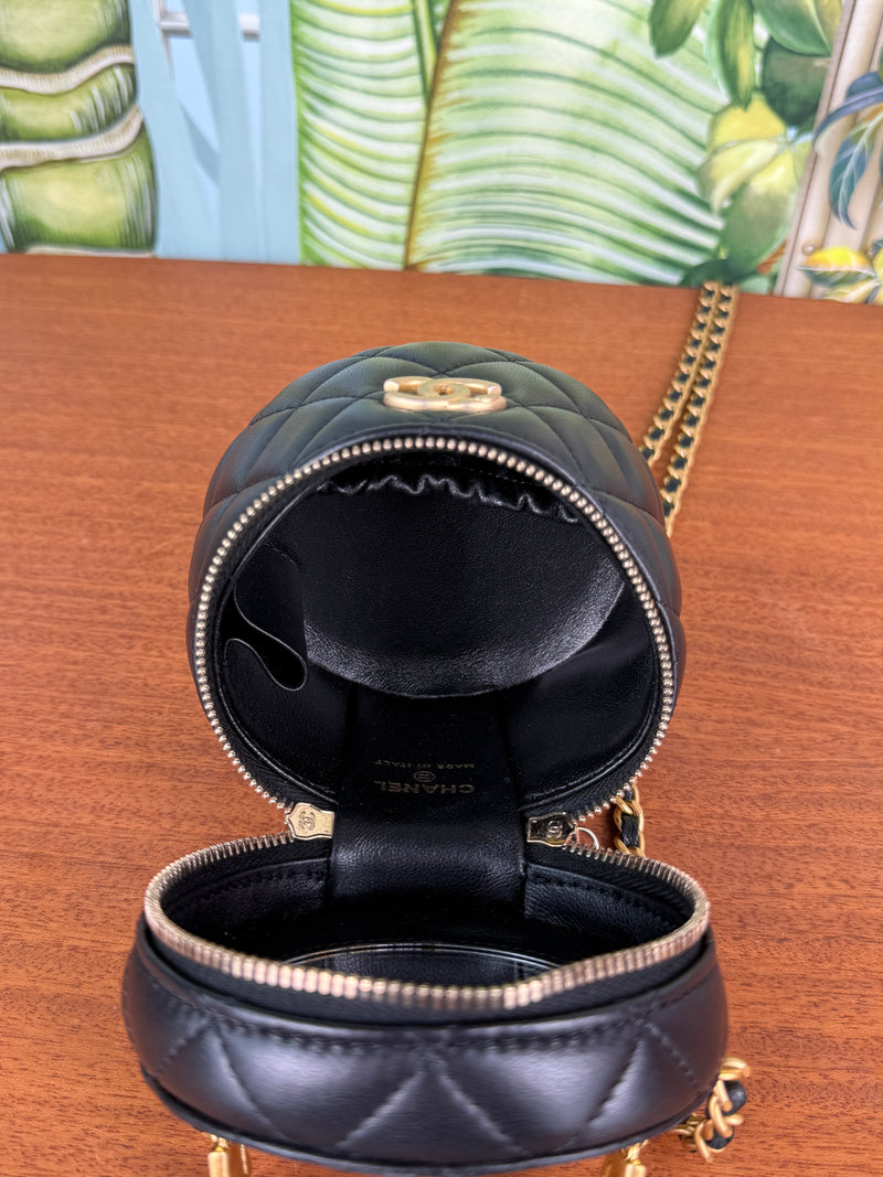 Chanel black mini vanity bag round with chain