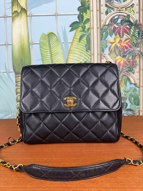 Chanel classic black square flap bag quilted caviar