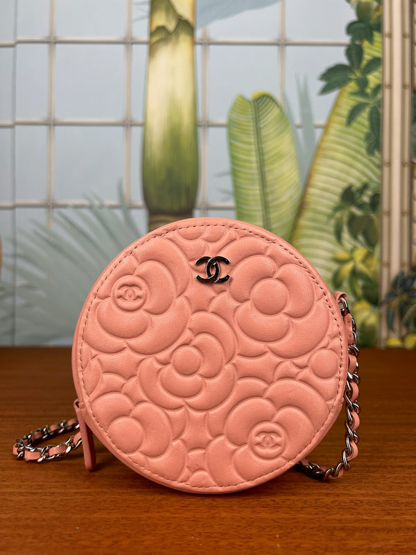 Chanel round camellia bag embossed light pink