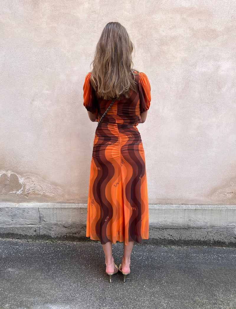 orange ganni dress Textured ruched jersey midi dress in orange - Ganni