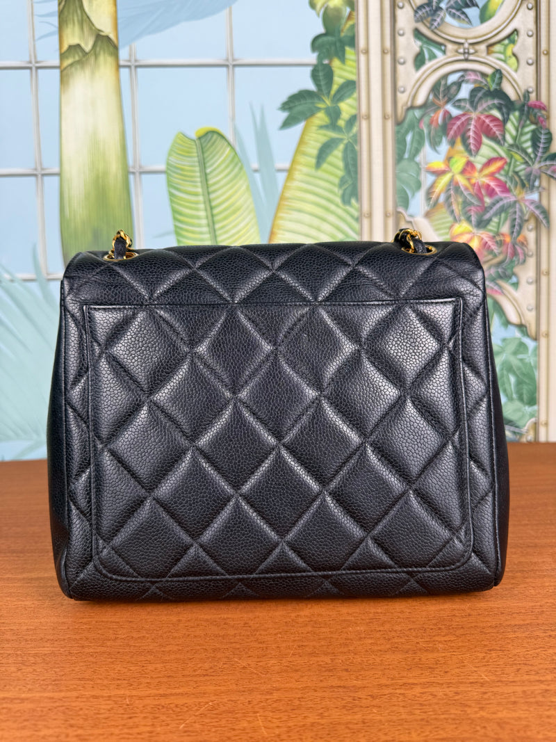 Chanel classic black square flap bag quilted caviar