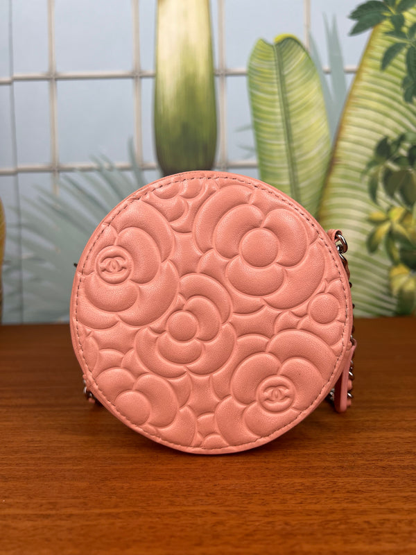 Chanel round camellia bag embossed light pink
