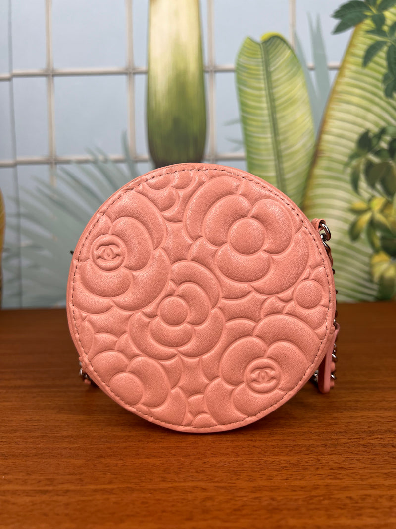 Chanel round camellia bag embossed light pink