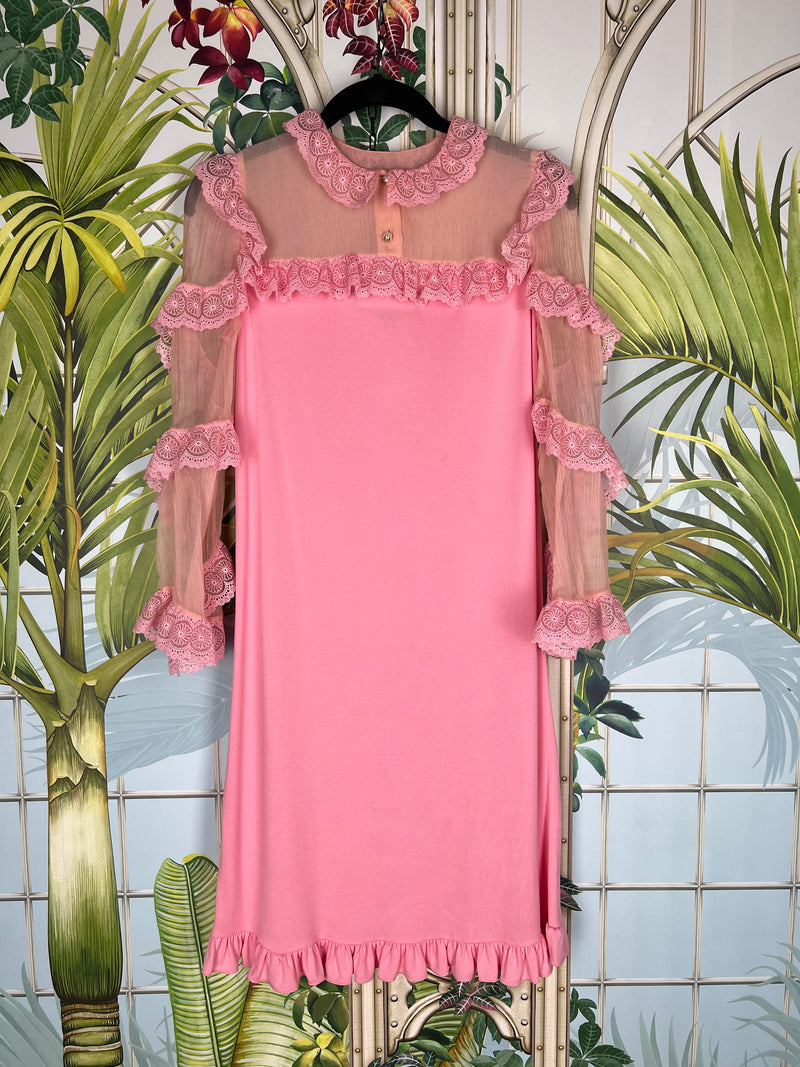 gucci pink lace dress Gucci Silk Satin Lace Midi Dress