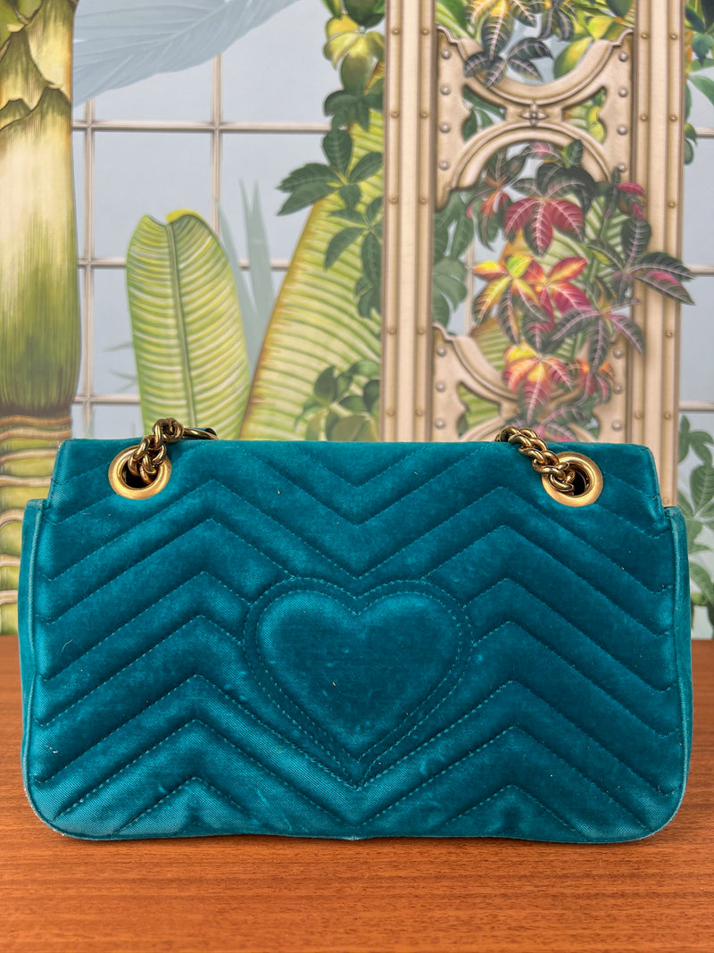 Gucci velvet Matelasé small marmont shoulder bag Pavone Cyan