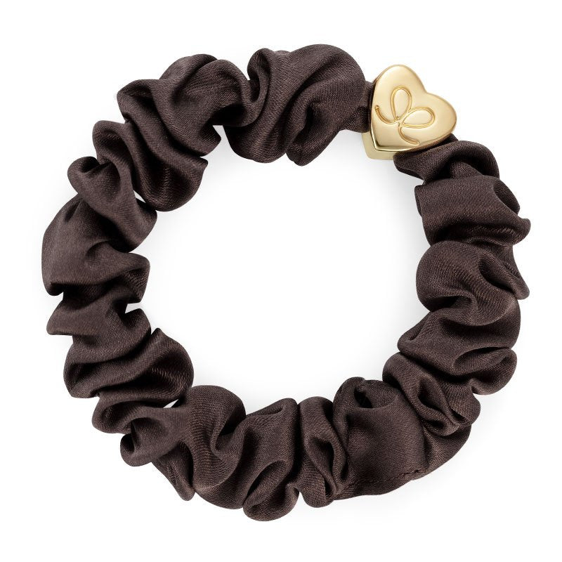 By Eloise Gold Heart Silk Scrunchie mocha