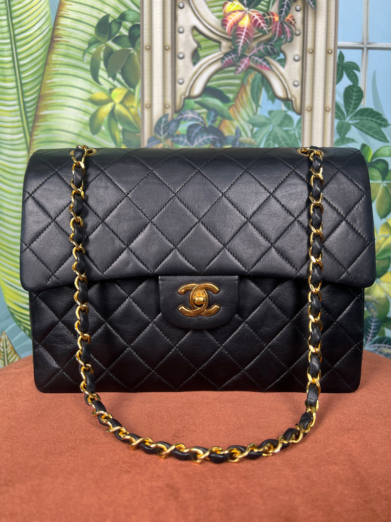 Chanel double flap square black lambskin, 24k gold-plating