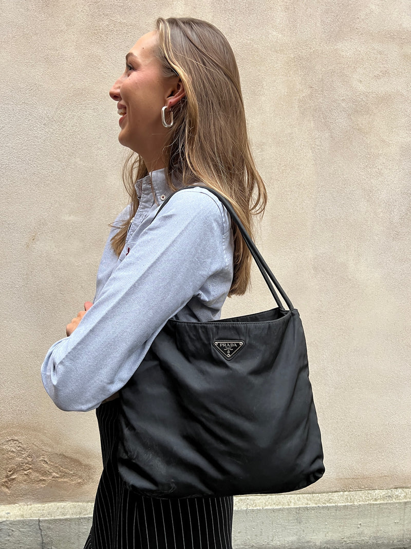 Prada small petrolium black nylon tote – A Piece Lux