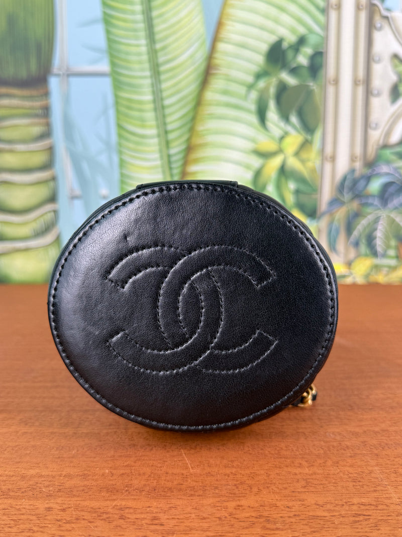 Chanel black mini vanity bag round with chain