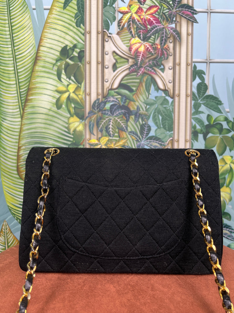 Chanel double flap bag jersey/leather combo black