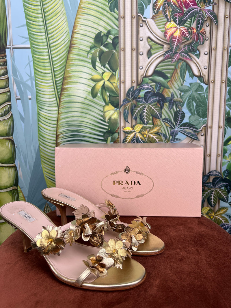 Prada gold flower heels