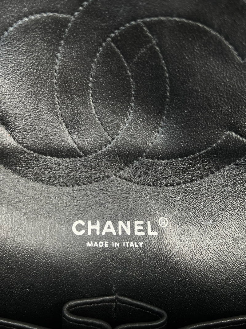 Chanel double flap bag jumbo black lambskin, silver hardware