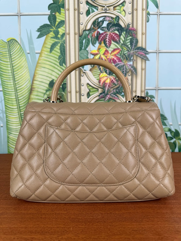 Chanel Quilted Caviar Medium Coco Handle Flap Beige Gold Hardware