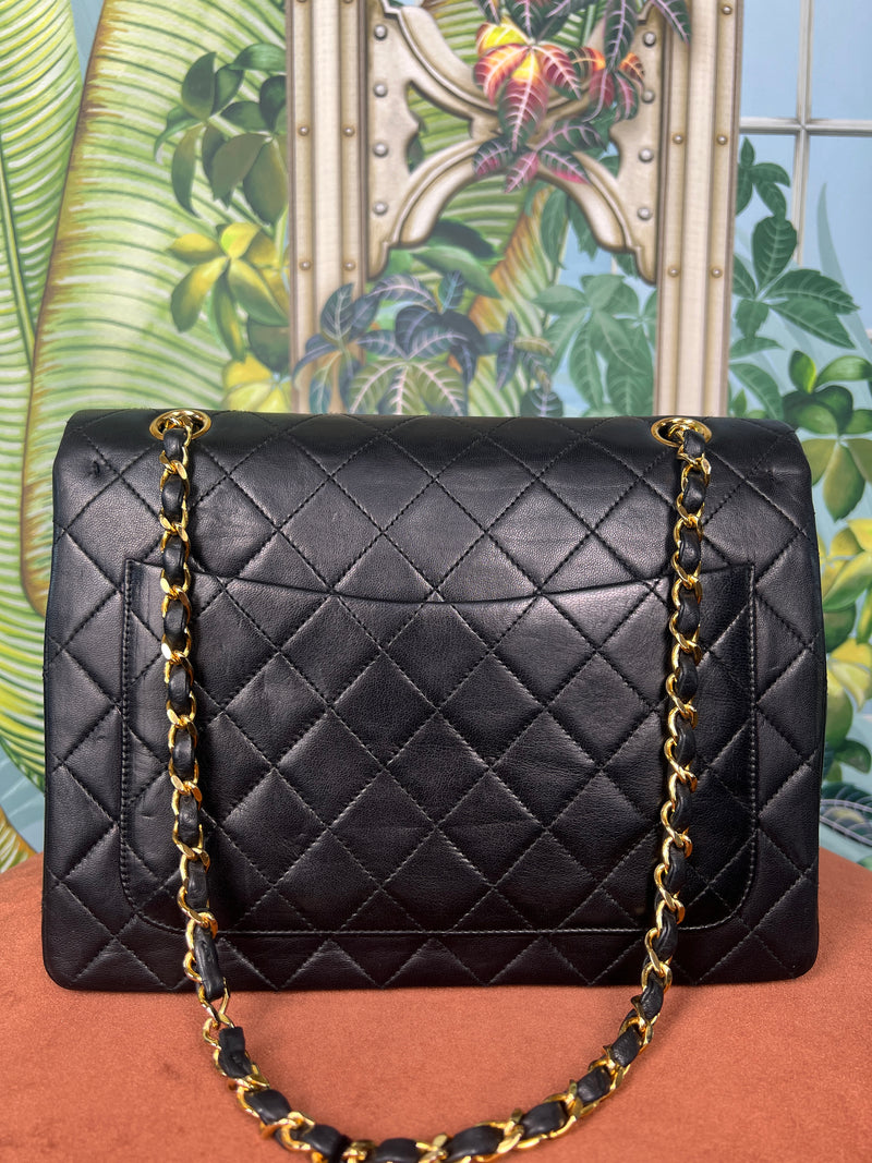 Chanel double flap square black lambskin, 24k gold-plating