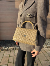 Chanel Quilted Caviar Medium Coco Handle Flap Beige Gold Hardware