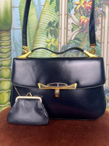 Christian Dior dark blue leather handbag with pouch