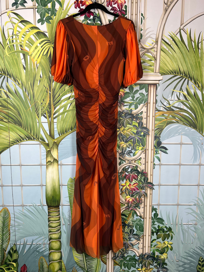 Ganni printed mesh dress orange