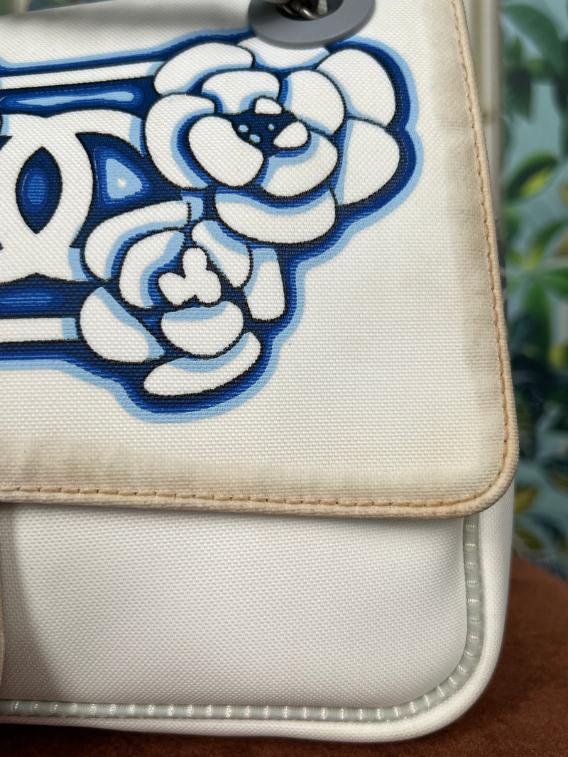 Chanel sports white camelia nylon flap bag