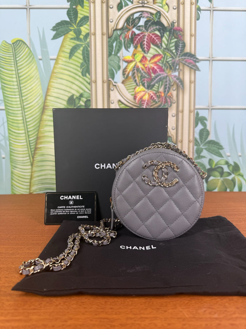 Chanel round quilted caviar leather bag grey