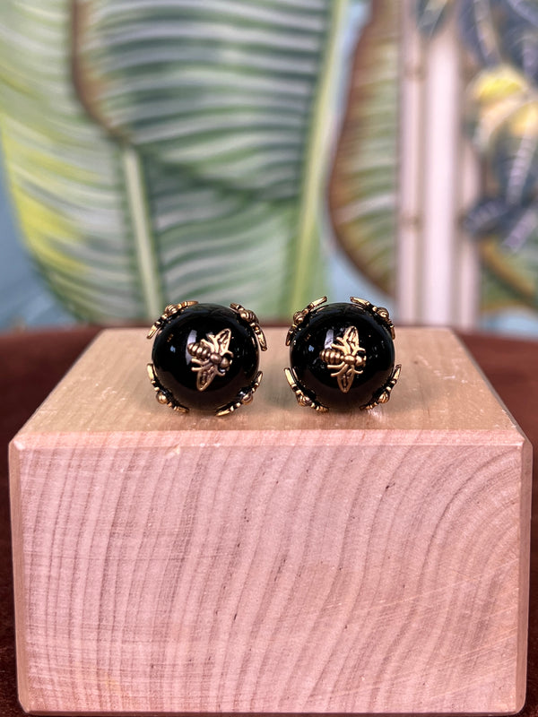 Repurposed GG pearl with bee earrings black