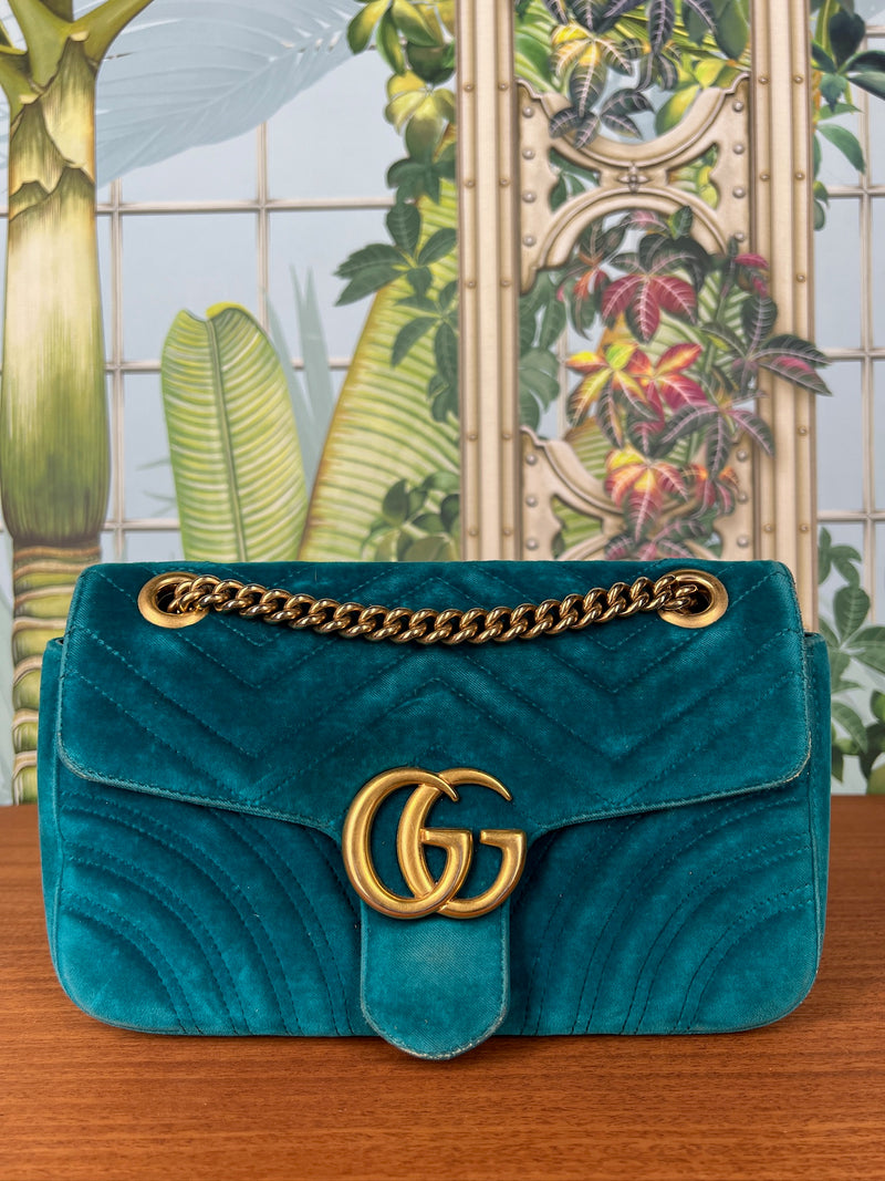 Gucci velvet Matelasé small marmont shoulder bag Pavone Cyan