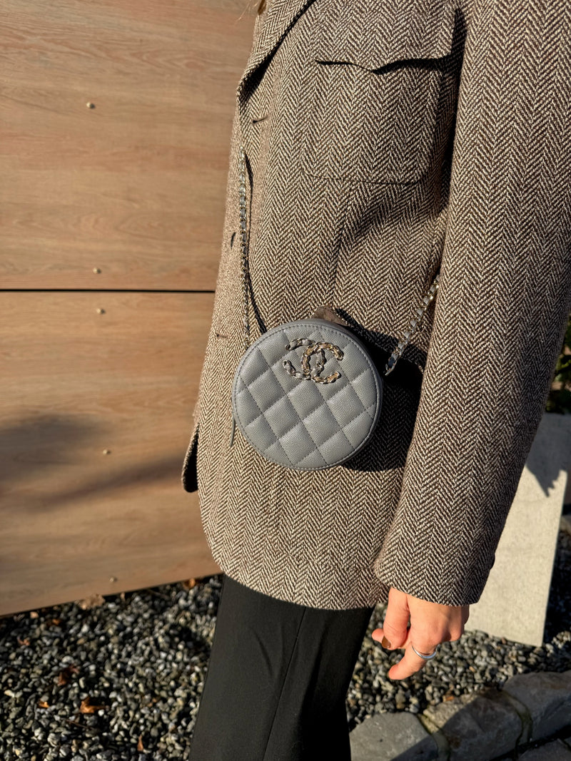 Chanel round quilted caviar leather bag grey