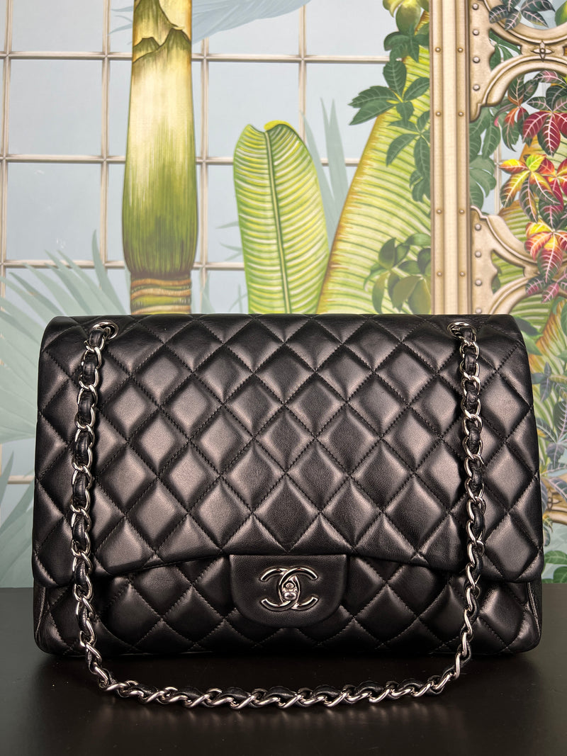 Chanel jumbo flap bag black lambskin, silver hardware