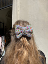 Repurposed hair clip bow CC tweed green blue