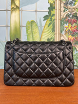 Chanel double flap bag jumbo black lambskin, silver hardware