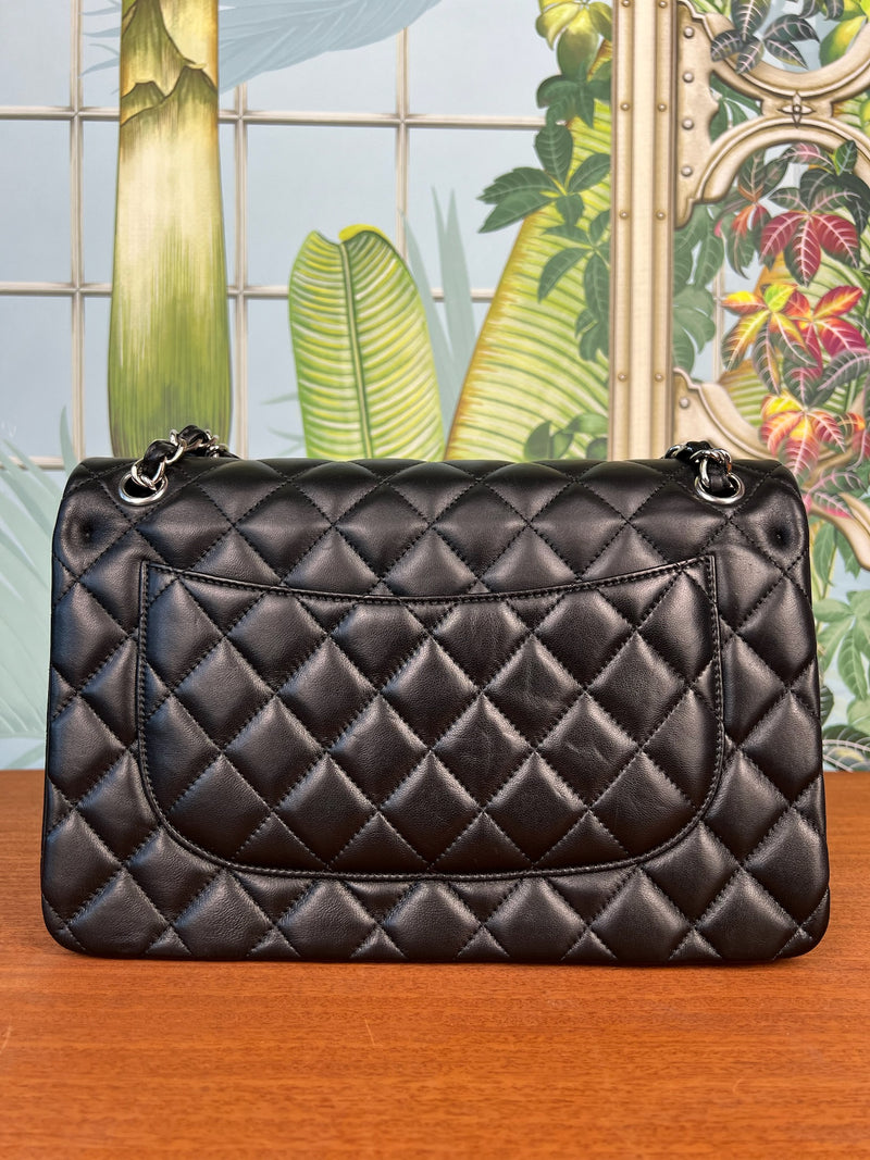 Chanel double flap bag jumbo black lambskin, silver hardware