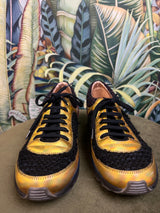 Chanel Gold Holographic Leather Black Tweed Lace Up Low Top Trainer