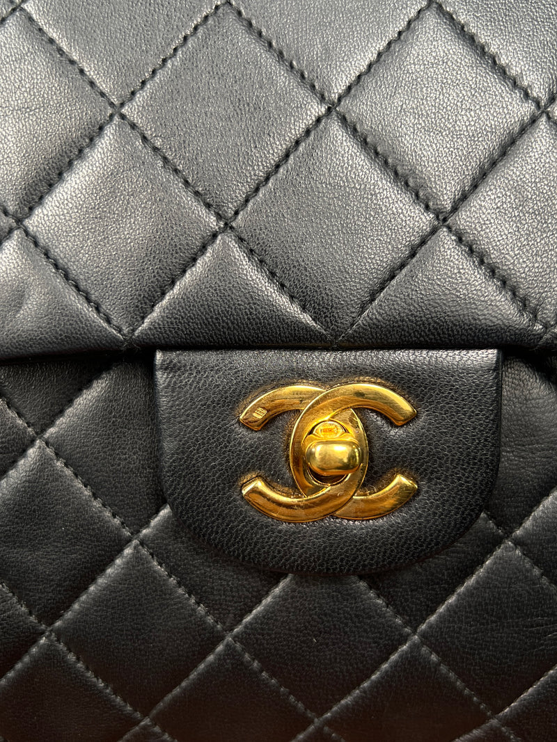 Chanel double flap square black lambskin, 24k gold-plating