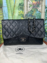 Chanel flap bag large black caviar, silver hardware