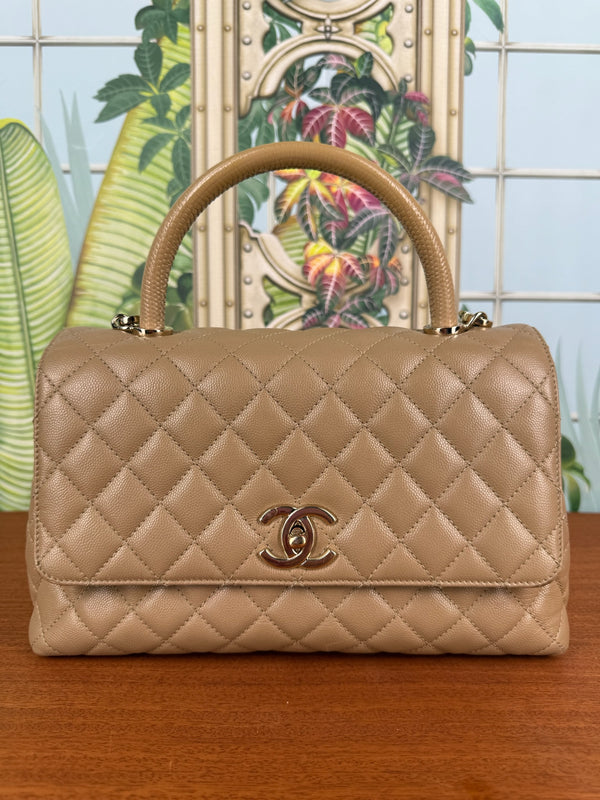 Chanel Quilted Caviar Medium Coco Handle Flap Beige Gold Hardware