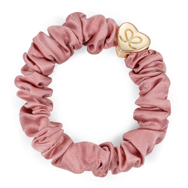 By Eloise Gold Heart Silk Scrunchie champagne pink