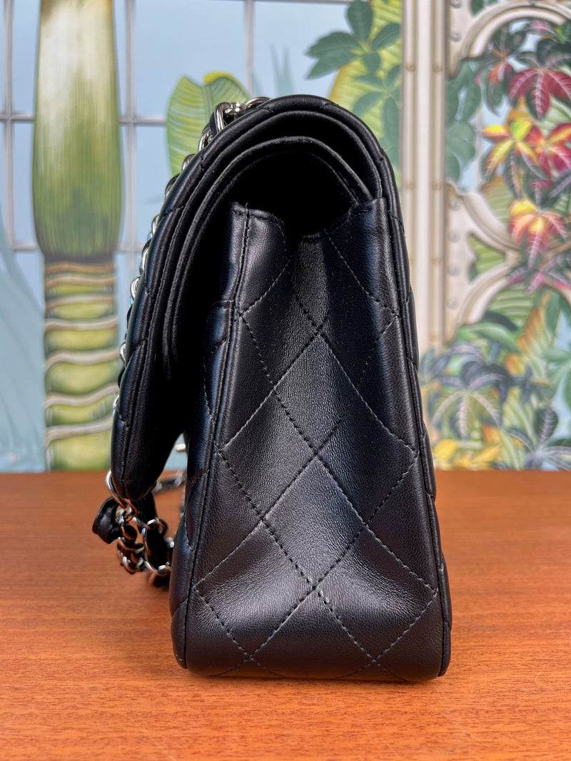 Chanel double flap bag jumbo black lambskin, silver hardware