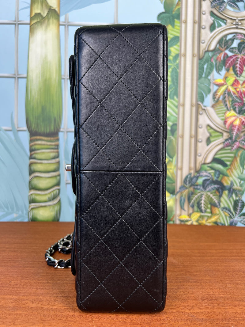 Chanel double flap bag jumbo black lambskin, silver hardware