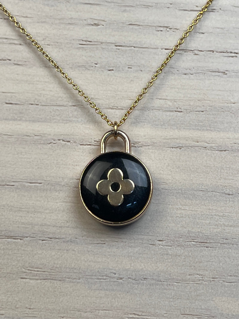 Repurposed LV Circle flower Necklace black