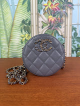 Chanel round quilted caviar leather bag grey