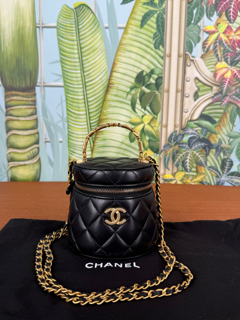Chanel black mini vanity bag round with chain