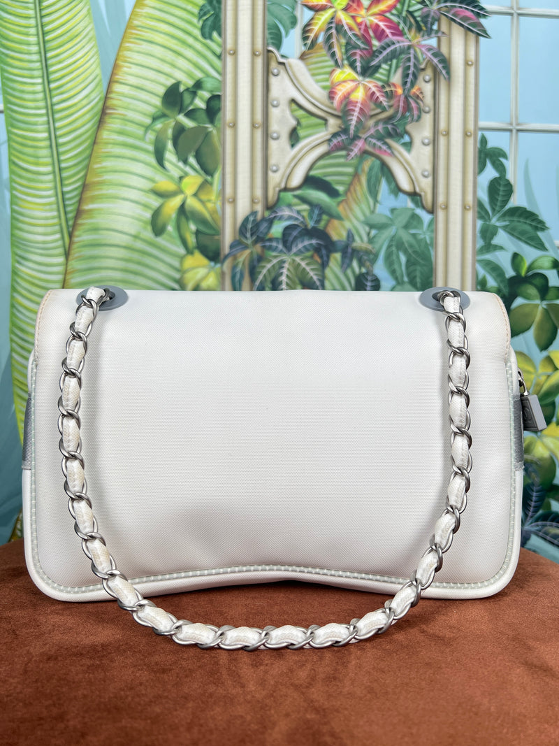 Chanel sports white camelia nylon flap bag