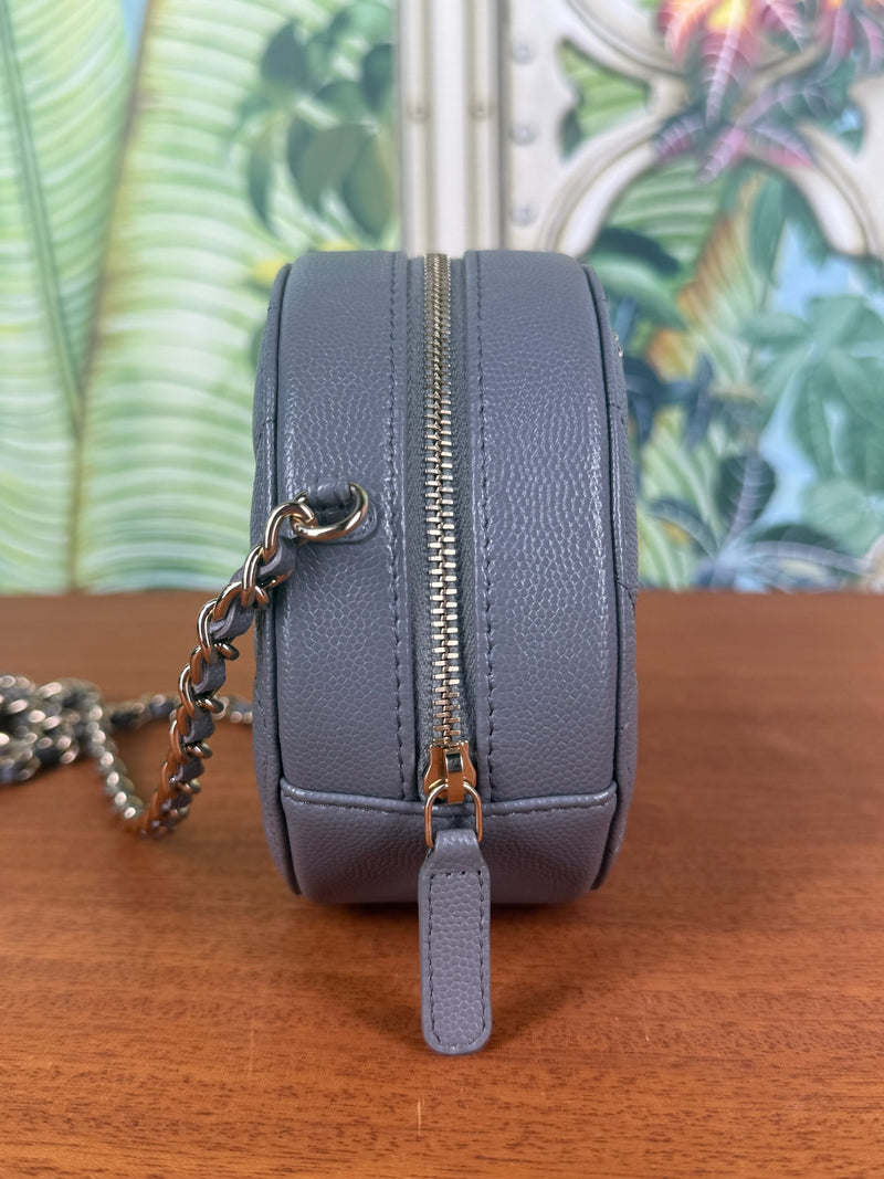 Chanel round quilted caviar leather bag grey