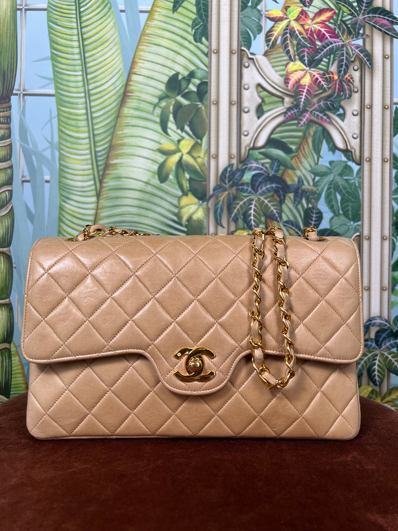 Chanel medium double flap bag beige lambskin 24k Gold plated