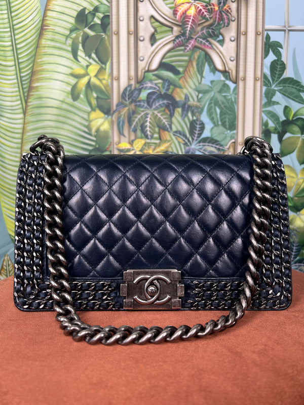 Chanel Boy bag blue lambskin limited edition chains silver hardware