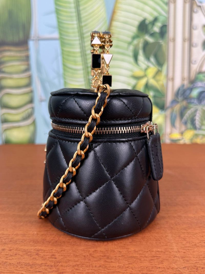 Chanel black mini vanity bag round with chain